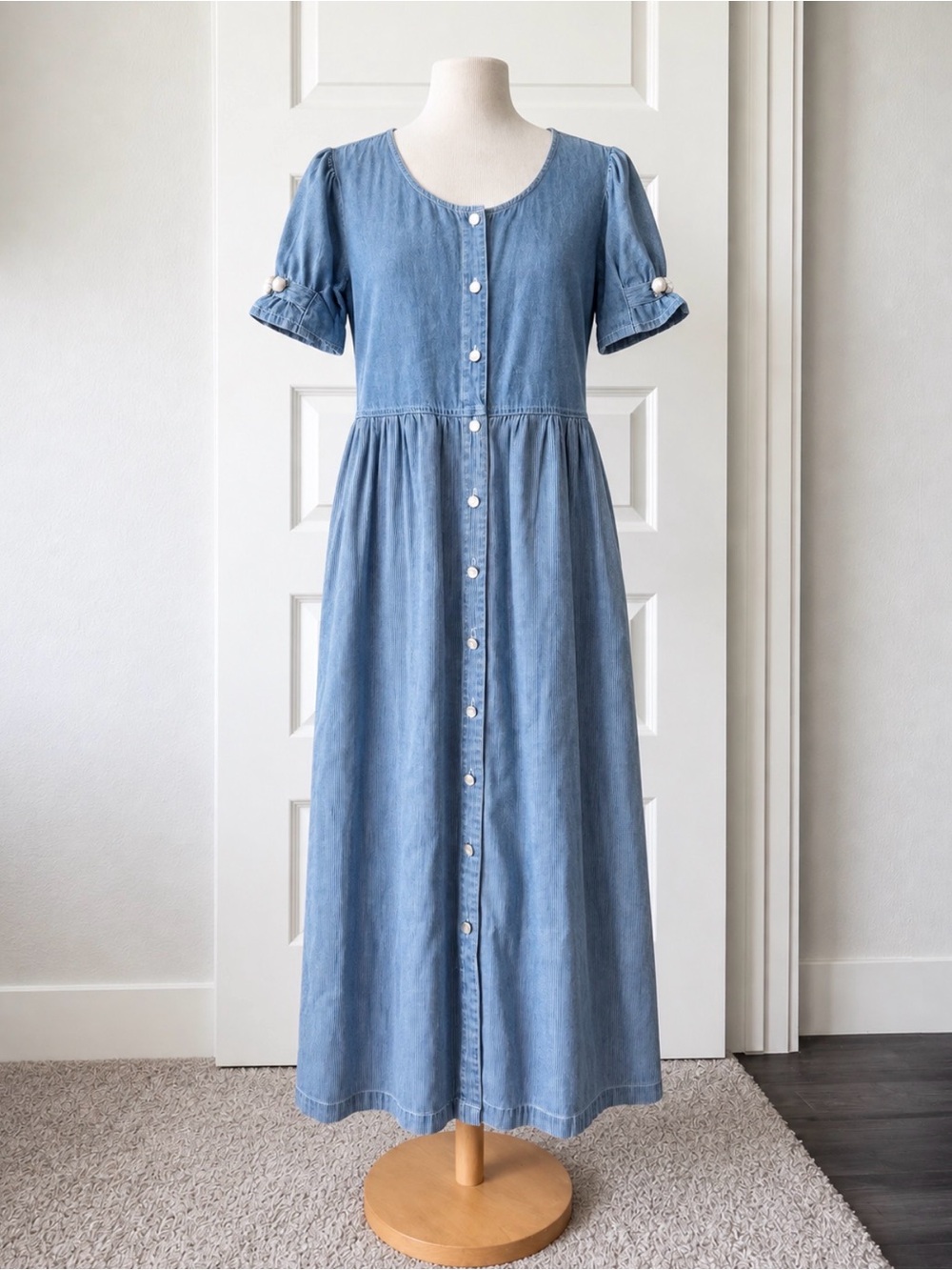 Vintage 90s Truly Yours 100% Cotton Denim Prairie Maxi Dress Cottagecore Rose De
